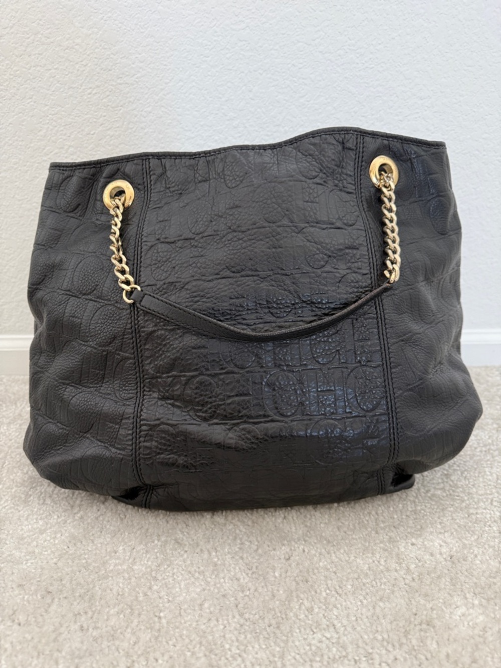 Carolina Herrera Black CH Monogram Leather Shoulder Bag